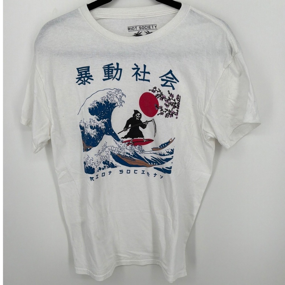 Riot Society Medium Grim Reaper Surf Graphic Tee Japanese Wave